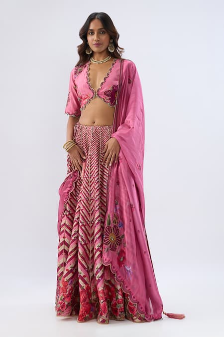 Label Niti Bothra_Pink , Chanderi, Organza Beads, Sequins, Stripe Pattern Lehenga Set _Online_at_Aza_Fashions