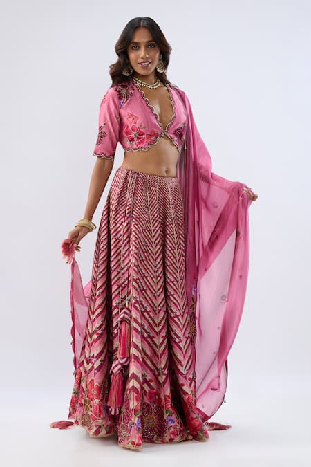 Buy_Label Niti Bothra_Pink , Chanderi, Organza Beads, Sequins, Stripe Pattern Lehenga Set _Online_at_Aza_Fashions