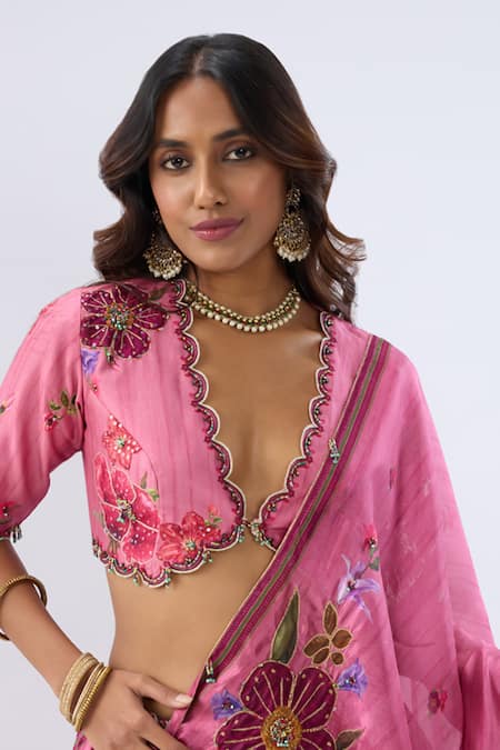 Shop_Label Niti Bothra_Pink , Chanderi, Organza Beads, Sequins, Stripe Pattern Lehenga Set _Online_at_Aza_Fashions