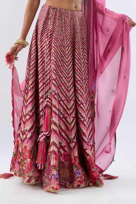 Buy_Label Niti Bothra_Pink , Chanderi, Organza Beads, Sequins, Stripe Pattern Lehenga Set 