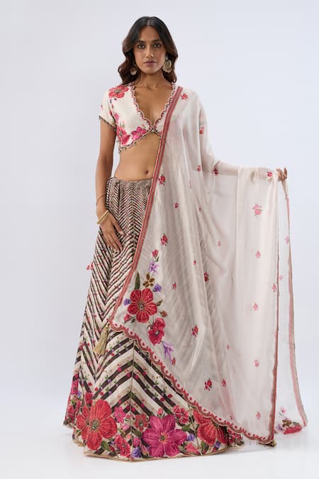 Label Niti Bothra_Ivory , Chanderi, Organza Beads, Sequins, Stripe Pattern Lehenga Set _Online_at_Aza_Fashions