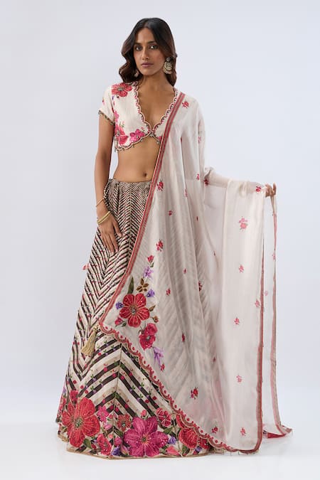 Buy_Label Niti Bothra_Ivory , Chanderi, Organza Beads, Sequins, Stripe Pattern Lehenga Set _Online_at_Aza_Fashions
