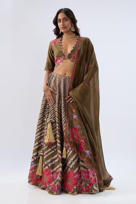 Label Niti Bothra Olive Green , , , Stripe Pattern Lehenga Set 
