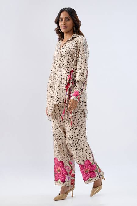 Label Niti Bothra_Ivory Tencel Beads, Sequins, Embroidery Collared Polka Dot Print Shirt With Pant _Online_at_Aza_Fashions