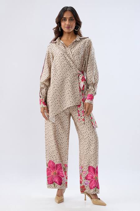 Buy_Label Niti Bothra_Ivory Tencel Beads, Sequins, Embroidery Collared Polka Dot Print Shirt With Pant _Online_at_Aza_Fashions