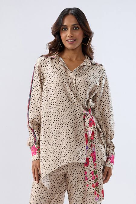 Label Niti Bothra_Ivory Tencel Beads, Sequins, Embroidery Collared Polka Dot Print Shirt With Pant _at_Aza_Fashions