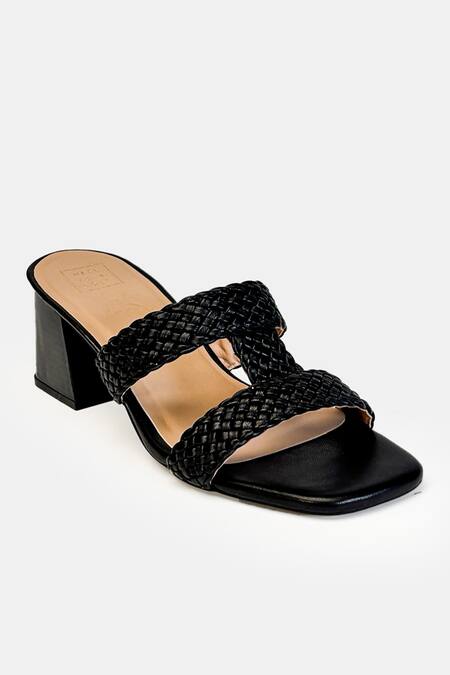 Shop_Heel Your Sole_Black Liona Woven Braided Upper Block Heels _Online_at_Aza_Fashions