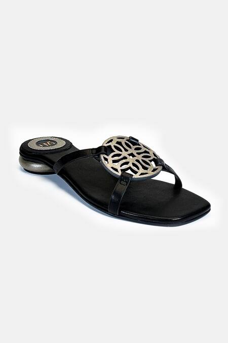 Shop_Heel Your Sole_Black Cut Work Kai Metallic Detail Sandals _Online_at_Aza_Fashions