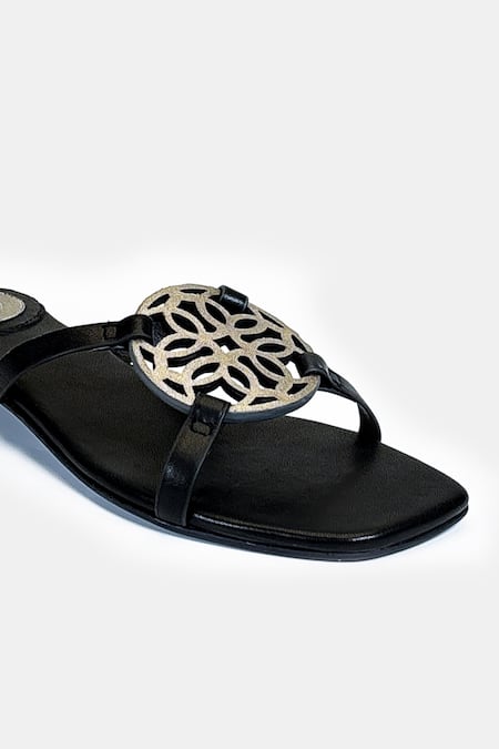 Buy_Heel Your Sole_Black Cut Work Kai Metallic Detail Sandals 