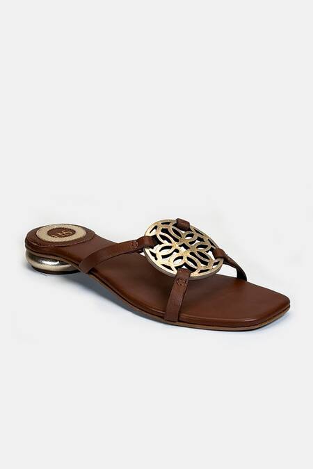 Buy_Heel Your Sole_Tan Cut Work Kai Metallic Detail Leather Sandals _Online_at_Aza_Fashions