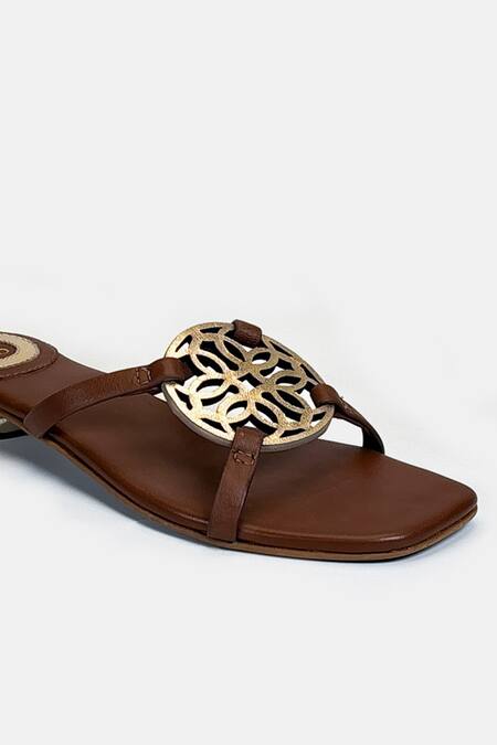 Heel Your Sole_Tan Cut Work Kai Metallic Detail Leather Sandals _at_Aza_Fashions