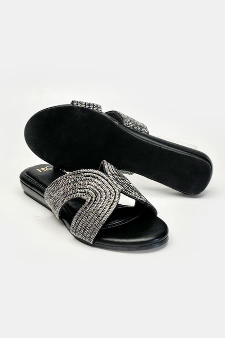Shop_Heel Your Sole_Black Rhinestones Dazzle Embellished Criss-cross Strap Wedges _Online_at_Aza_Fashions