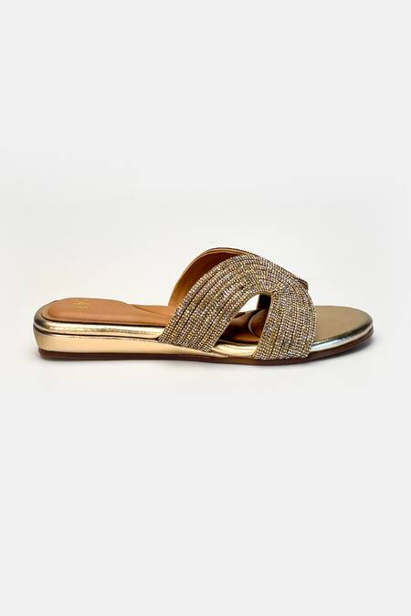 Buy_Heel Your Sole_Gold Rhinestones Dazzle Embellished Cross Strap Flats _Online_at_Aza_Fashions