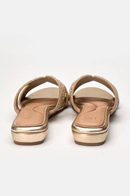 Shop_Heel Your Sole_Gold Rhinestones Dazzle Embellished Cross Strap Flats _Online_at_Aza_Fashions