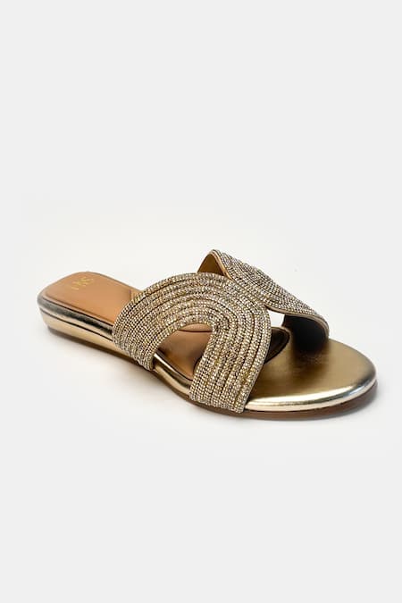 Heel Your Sole_Gold Rhinestones Dazzle Embellished Cross Strap Flats _at_Aza_Fashions