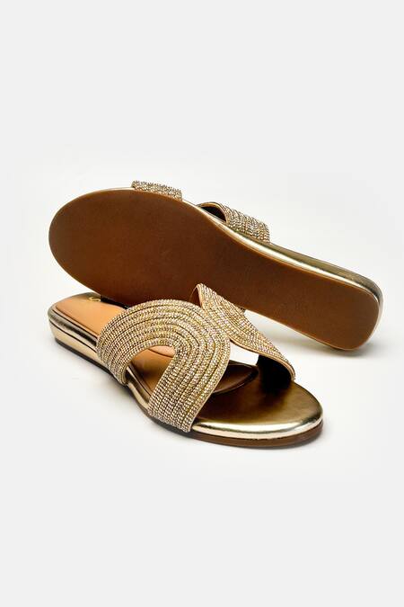 Buy_Heel Your Sole_Gold Rhinestones Dazzle Embellished Cross Strap Flats 