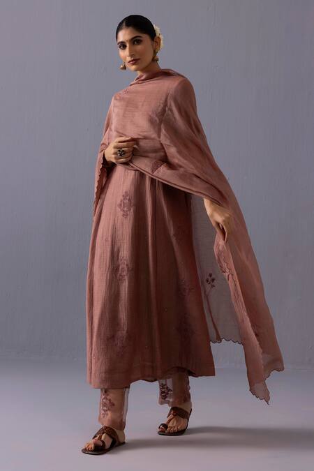 Shop Label Shreya Sharma Brown Chanderi, Organza Embroidery, Sequins V-neck Ankita Kurta Set Online at Aza Fashions Shop_Label Shreya Sharma_Brown Chanderi, Organza Embroidery, Sequins V-neck Ankita Kurta Set _Online_at_Aza_Fashions