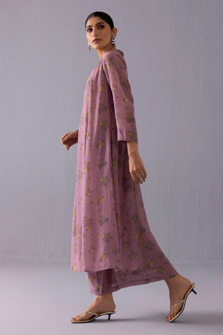 Label Shreya Sharma_Purple Crepe V-neck Thea Daisy Print Kurta And Pant Set _Online_at_Aza_Fashions