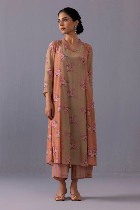 Buy_Label Shreya Sharma_Brown Crepe Split V-neck Thea Rosella Print Kurta And Pant Set _Online_at_Aza_Fashions