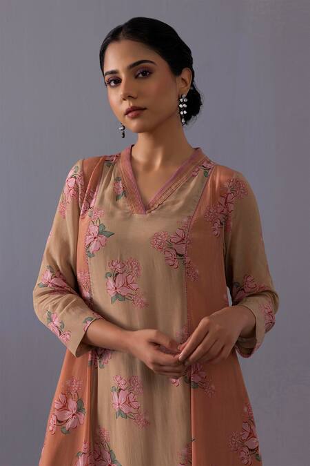 Shop_Label Shreya Sharma_Brown Crepe Split V-neck Thea Rosella Print Kurta And Pant Set _Online_at_Aza_Fashions
