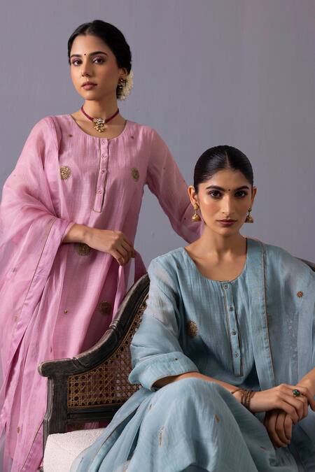 Label Shreya Sharma_Pink Chanderi, Organza Embroidery Round Neck Malti Kurta Set _at_Aza_Fashions