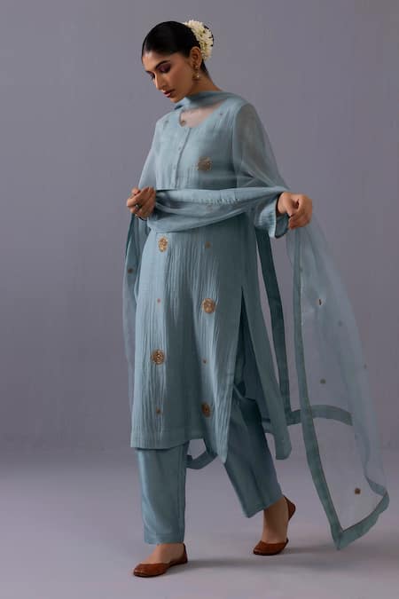 Label Shreya Sharma_Blue Chanderi, Organza Embroidery Round Neck Malti Kurta Set _Online_at_Aza_Fashions