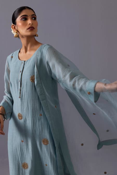 Shop_Label Shreya Sharma_Blue Chanderi, Organza Embroidery Round Neck Malti Kurta Set _Online_at_Aza_Fashions