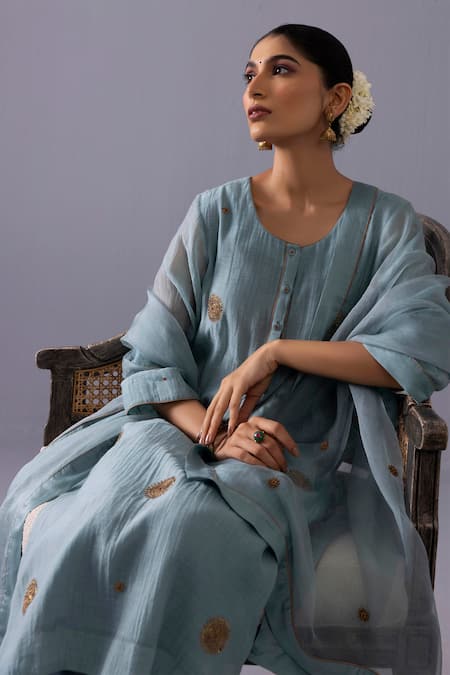 Label Shreya Sharma_Blue Chanderi, Organza Embroidery Round Neck Malti Kurta Set _at_Aza_Fashions