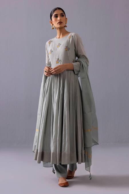 Label Shreya Sharma_Blue Cotton, Chanderi, Kota Doria Embroidery, Tassels Round Latika Anarkali Set _Online_at_Aza_Fashions