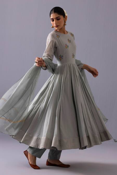 Buy_Label Shreya Sharma_Blue Cotton, Chanderi, Kota Doria Embroidery, Tassels Round Latika Anarkali Set _Online_at_Aza_Fashions