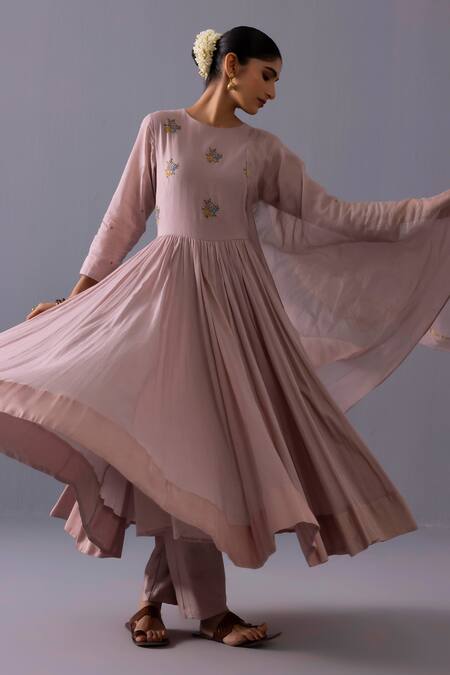 Label Shreya Sharma_Pink Cotton, Chanderi, Kota Doria Embroidery Round Latika Floral Anarkali Set _Online_at_Aza_Fashions