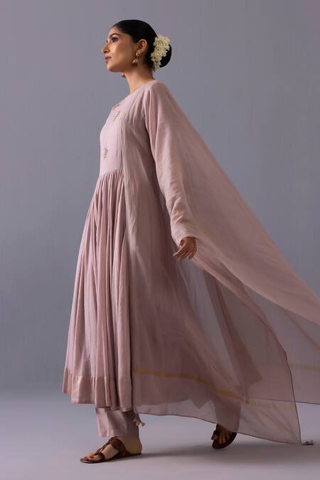 Buy_Label Shreya Sharma_Pink Cotton, Chanderi, Kota Doria Embroidery Round Latika Floral Anarkali Set _Online_at_Aza_Fashions