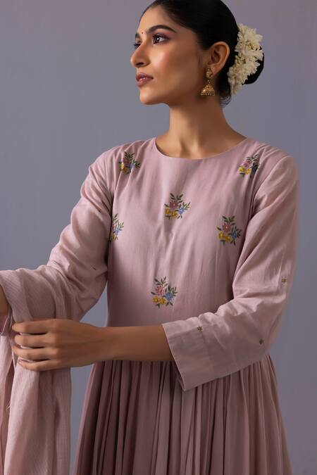 Shop_Label Shreya Sharma_Pink Cotton, Chanderi, Kota Doria Embroidery Round Latika Floral Anarkali Set _Online_at_Aza_Fashions