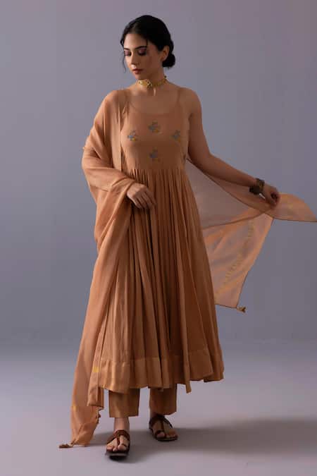 Label Shreya Sharma_Orange Cotton, Chanderi, Kota Doria Embroidery Scoop Latika Thread Anarkali Set _Online_at_Aza_Fashions