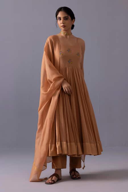 Buy_Label Shreya Sharma_Orange Cotton, Chanderi, Kota Doria Embroidery Scoop Latika Thread Anarkali Set _Online_at_Aza_Fashions