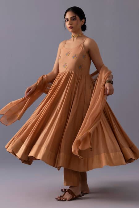 Shop_Label Shreya Sharma_Orange Cotton, Chanderi, Kota Doria Embroidery Scoop Latika Thread Anarkali Set _Online_at_Aza_Fashions