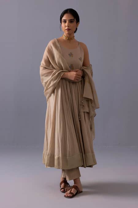 Label Shreya Sharma_Beige Cotton, Chanderi, Kota Doria Embroidery Scoop Mira Thread Anarkali Set _Online_at_Aza_Fashions