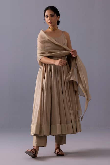 Buy_Label Shreya Sharma_Beige Cotton, Chanderi, Kota Doria Embroidery Scoop Mira Thread Anarkali Set _Online_at_Aza_Fashions