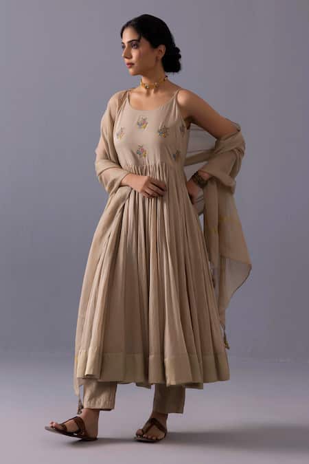 Shop_Label Shreya Sharma_Beige Cotton, Chanderi, Kota Doria Embroidery Scoop Mira Thread Anarkali Set _Online_at_Aza_Fashions