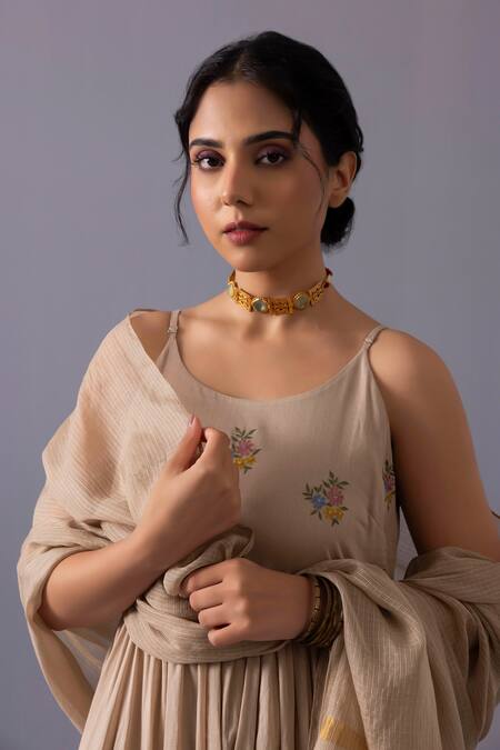 Label Shreya Sharma_Beige Cotton, Chanderi, Kota Doria Embroidery Scoop Mira Thread Anarkali Set _at_Aza_Fashions