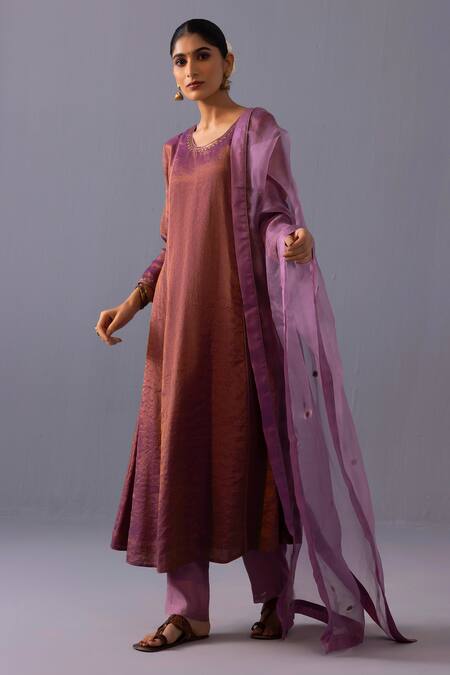Label Shreya Sharma Purple Chanderi, Tissue, Organza Embroidery Round Himani Neckline Kurta Set Online at Aza Fashions Label Shreya Sharma_Purple Chanderi, Tissue, Organza Embroidery Round Himani Neckline Kurta Set _Online_at_Aza_Fashions
