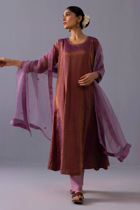 Buy Label Shreya Sharma Purple Chanderi, Tissue, Organza Embroidery Round Himani Neckline Kurta Set Online at Aza Fashions Buy_Label Shreya Sharma_Purple Chanderi, Tissue, Organza Embroidery Round Himani Neckline Kurta Set _Online_at_Aza_Fashions
