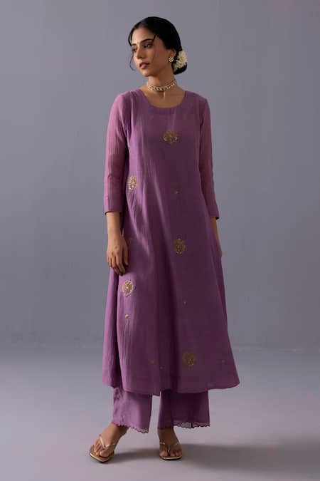 Buy_Label Shreya Sharma_Purple Chanderi, Organza Embroidery Round Neck Noor Kurta Set _Online_at_Aza_Fashions