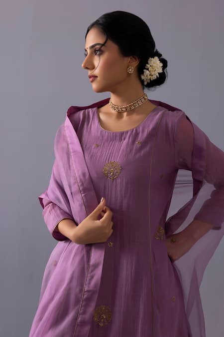Shop_Label Shreya Sharma_Purple Chanderi, Organza Embroidery Round Neck Noor Kurta Set _Online_at_Aza_Fashions