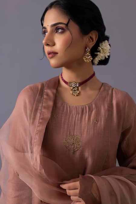 Label Shreya Sharma_Brown Chanderi, Organza Embroidery Round Neck Noor Placement Kurta Set _at_Aza_Fashions