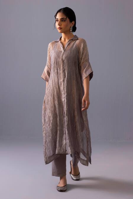 Label Shreya Sharma_Gray Tissue Collared Rohini Pure Kurta With Pant _Online_at_Aza_Fashions