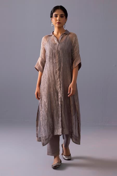 Buy_Label Shreya Sharma_Gray Tissue Collared Rohini Pure Kurta With Pant _Online_at_Aza_Fashions