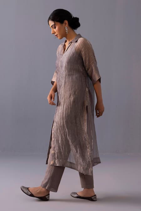 Shop_Label Shreya Sharma_Gray Tissue Collared Rohini Pure Kurta With Pant _Online_at_Aza_Fashions