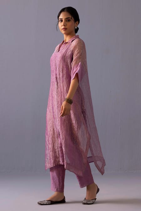 Label Shreya Sharma_Pink Tissue Collared Rohini Kurta With Pant _Online_at_Aza_Fashions