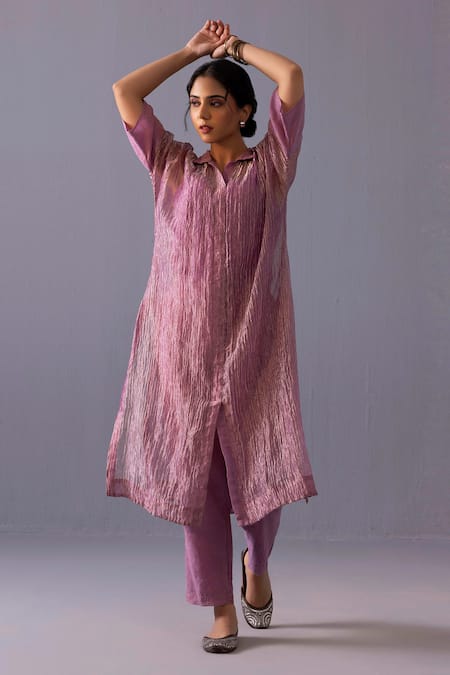 Buy_Label Shreya Sharma_Pink Tissue Collared Rohini Kurta With Pant _Online_at_Aza_Fashions